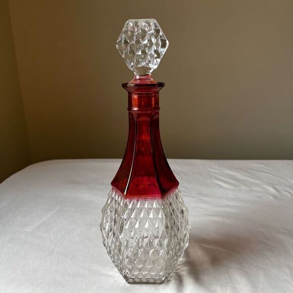 Vintage Ruby Red Diamond Point Glass Decanter with Stopper 12" Barware - Picture 1 of 12